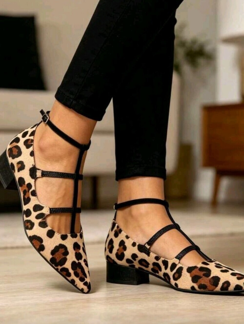 Leopard Print Chunky Heels Sandals For Women Pointed Toe,Breathable&Comfortable, - Picture 2 of 5